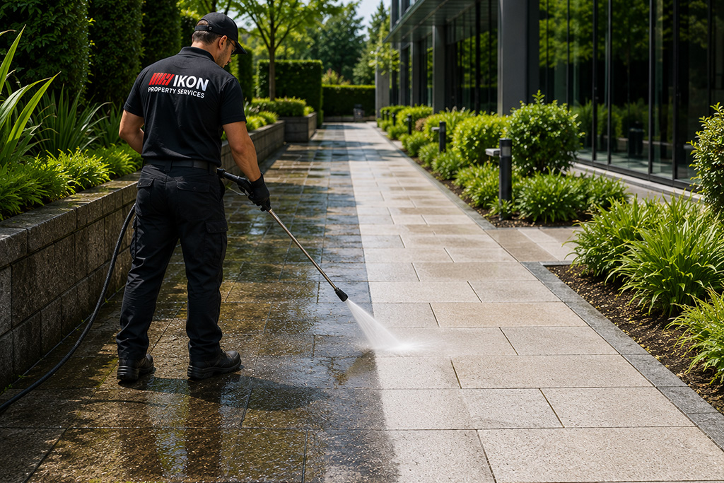 Water blasting walkways and paths