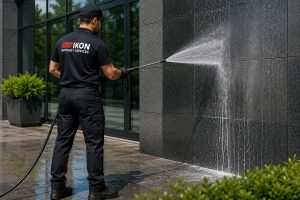 Water blasting a building exterior