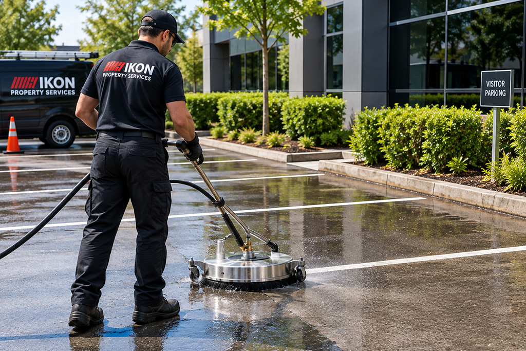 Water blasting a parking area